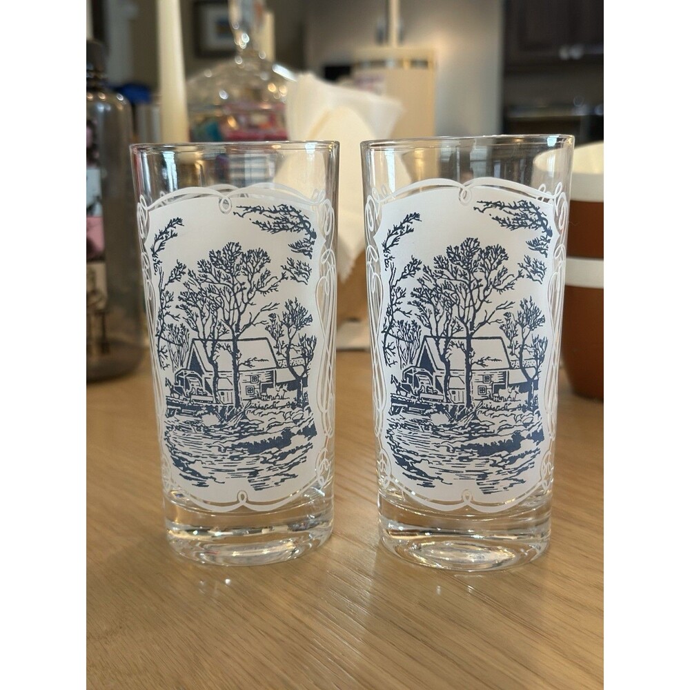 Royal China VTG Currier & Ives Frosted "Old Grist Mill" 12Oz Glasses Mid Century